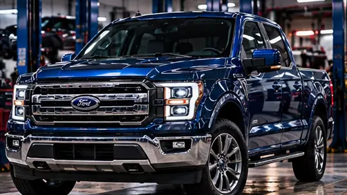 سيارة فورد F-150 زرقاء داخل ورشة صيانة فورد
